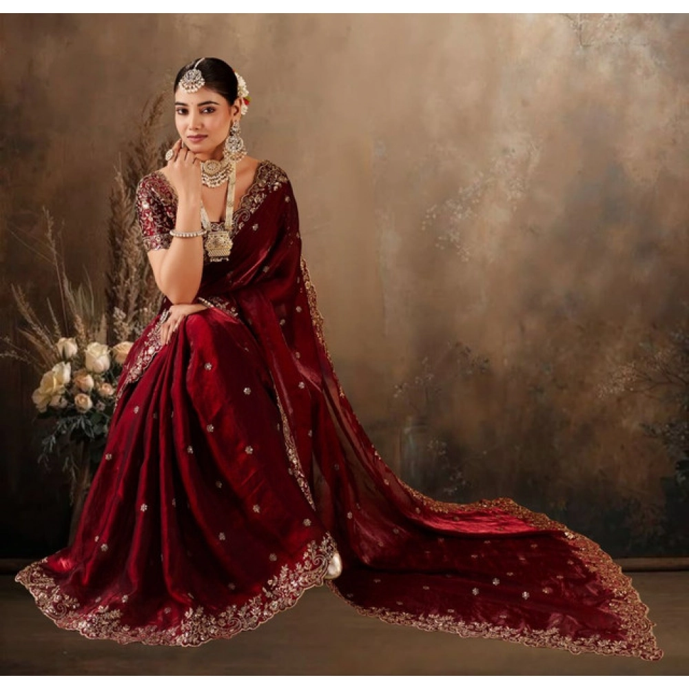 Women's Silk Embroidered Saree With Unstitched Blouse 5.5Mtr (Maroon) - Image 5