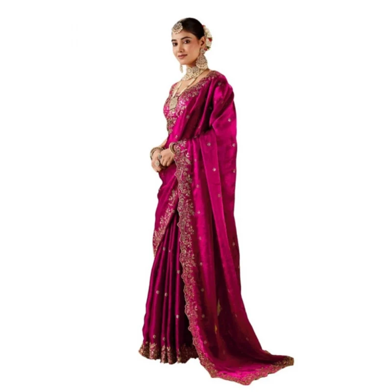 Alternative view of Women's Silk Embroidered Saree With Unstitched Blouse 5.5Mtr (Pink)
