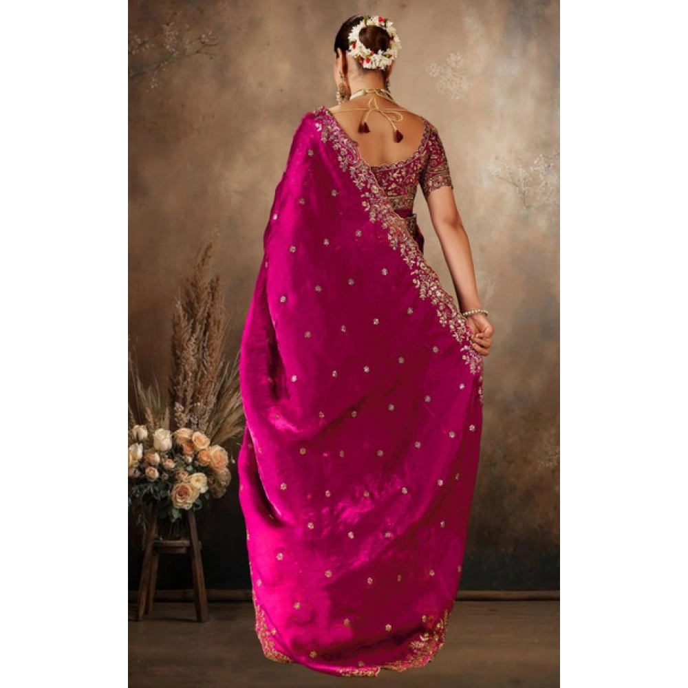 Women's Silk Embroidered Saree With Unstitched Blouse 5.5Mtr (Pink) - Image 3