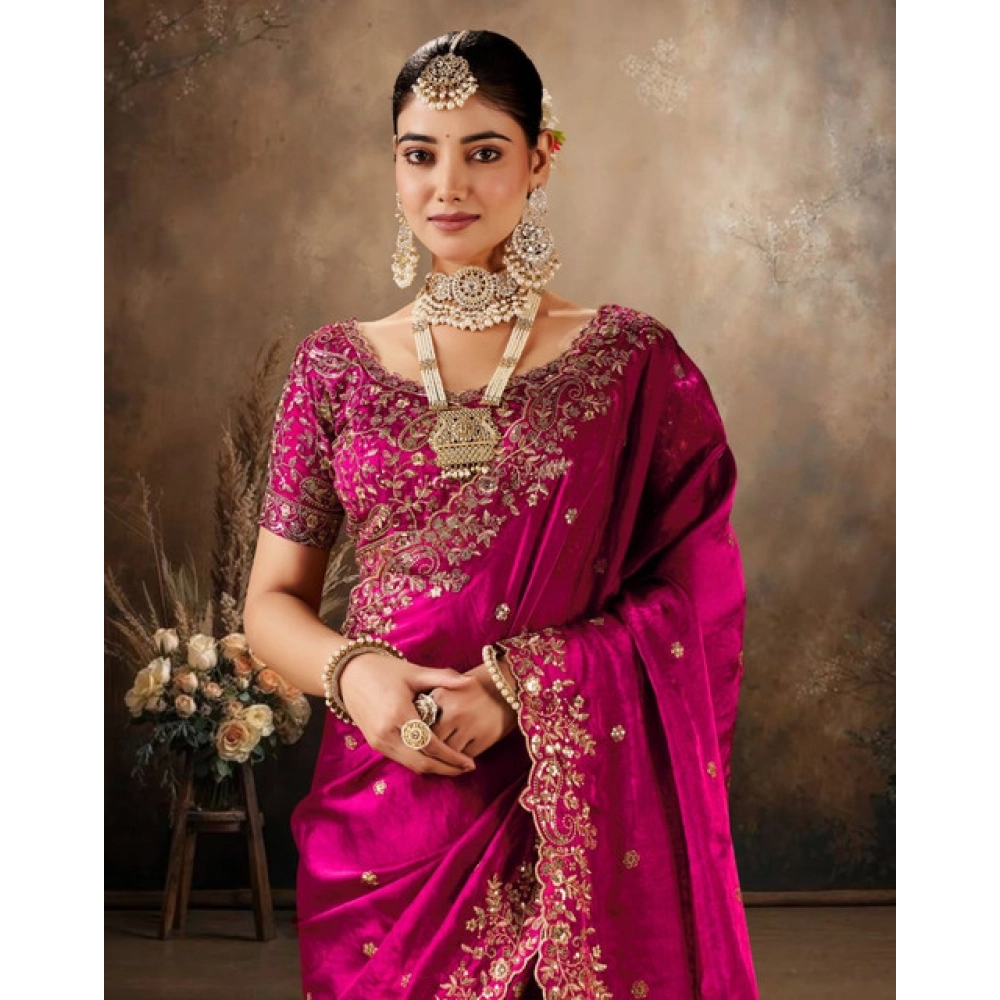 Women's Silk Embroidered Saree With Unstitched Blouse 5.5Mtr (Pink) - Image 4