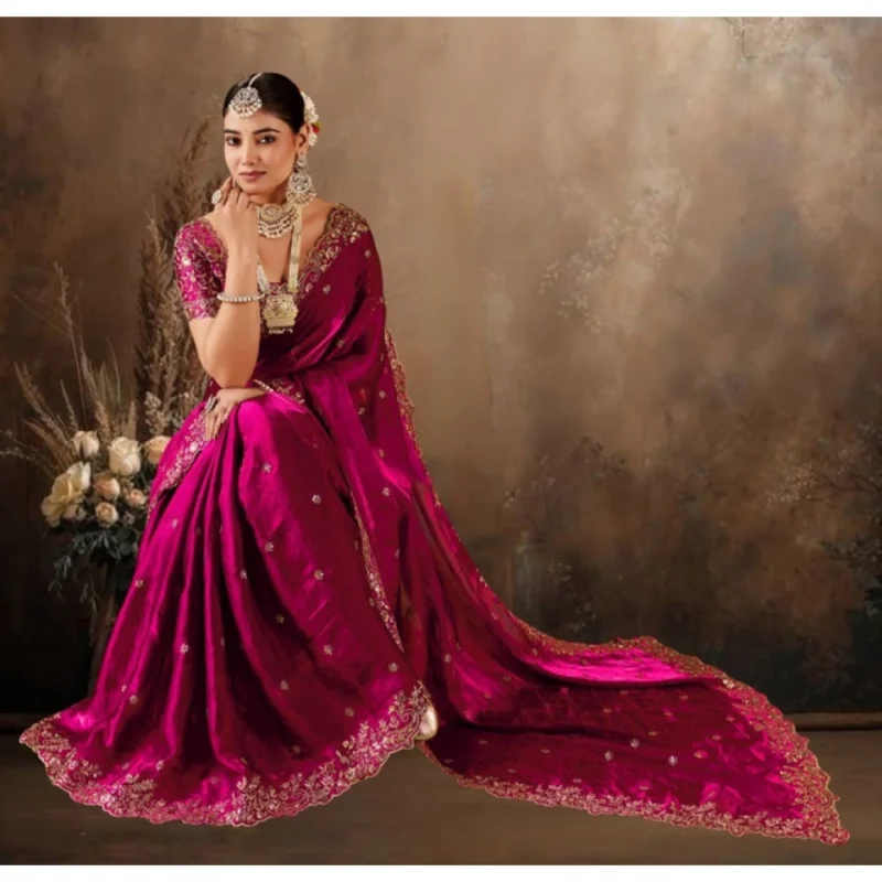 Women's Silk Embroidered Saree With Unstitched Blouse 5.5Mtr (Pink) - Image 5