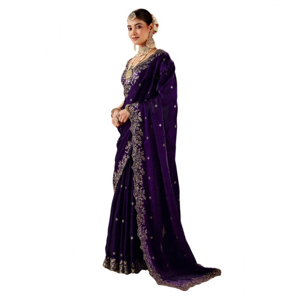Women's Silk Embroidered Saree With Unstitched Blouse 5.5Mtr (Purple) - Image 2