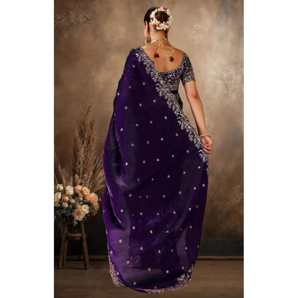 Women's Silk Embroidered Saree With Unstitched Blouse 5.5Mtr (Purple) - Image 3