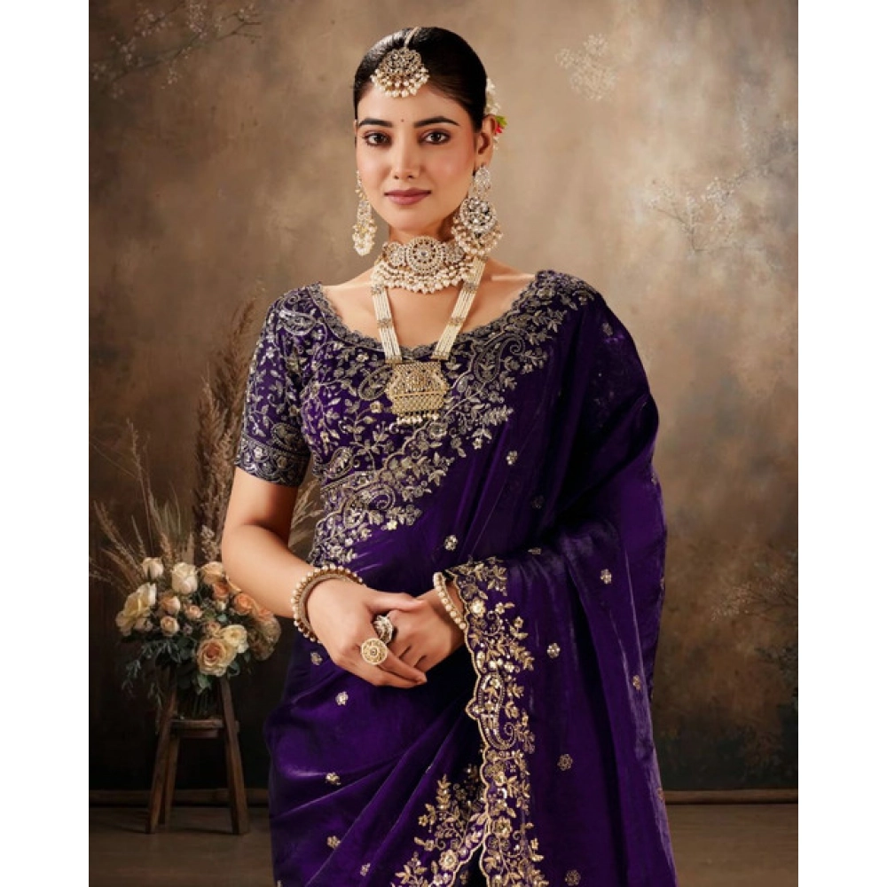 Women's Silk Embroidered Saree With Unstitched Blouse 5.5Mtr (Purple) - Image 4