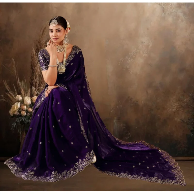 Women's Silk Embroidered Saree With Unstitched Blouse 5.5Mtr (Purple) - Image 5
