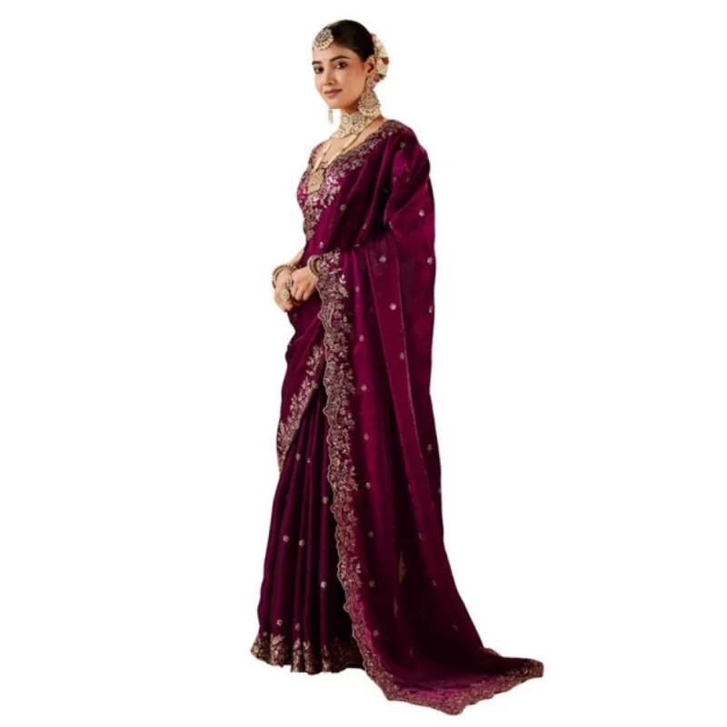 Alternative view of Women's Silk Embroidered Saree With Unstitched Blouse 5.5Mtr (Wine)