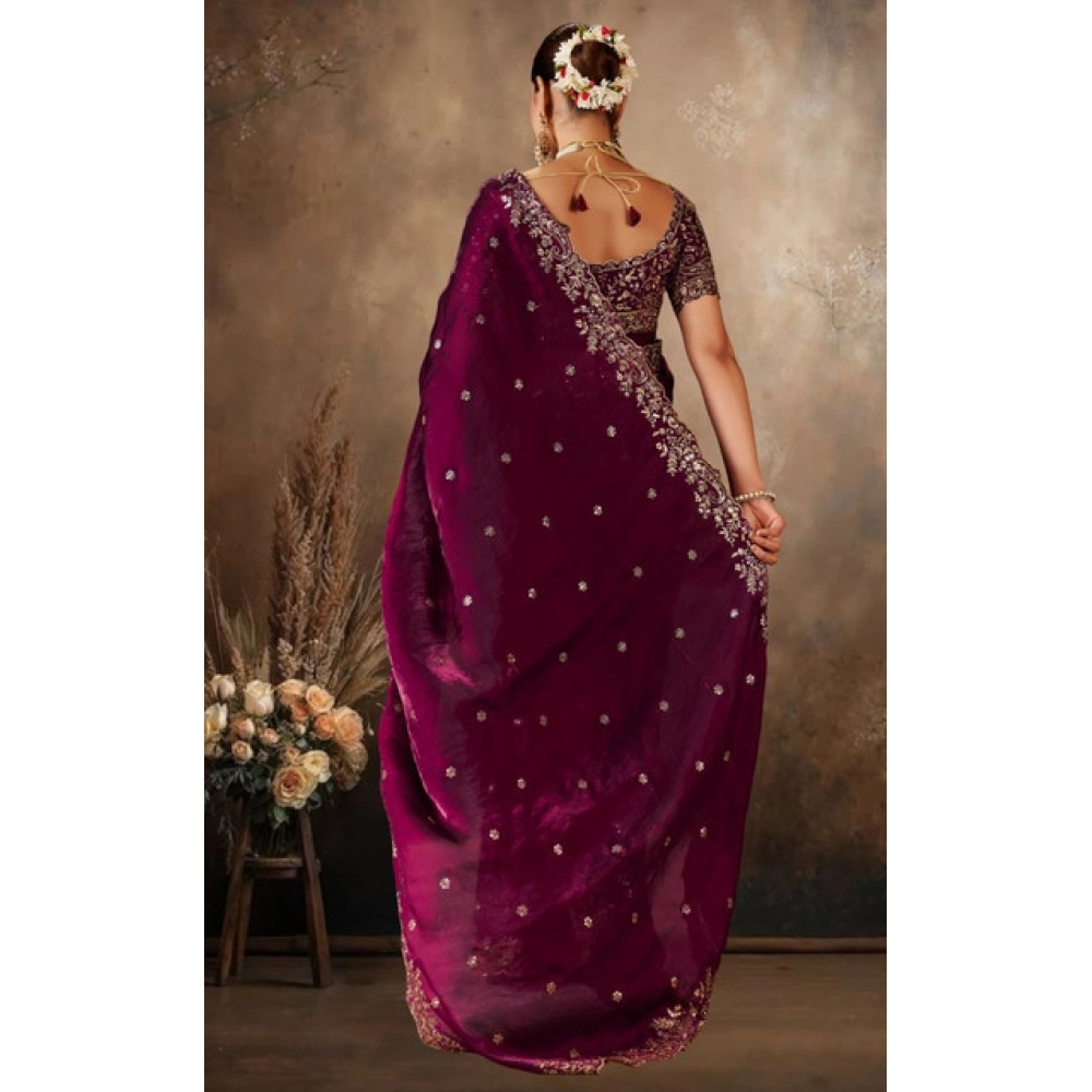 Women's Silk Embroidered Saree With Unstitched Blouse 5.5Mtr (Wine) - Image 3