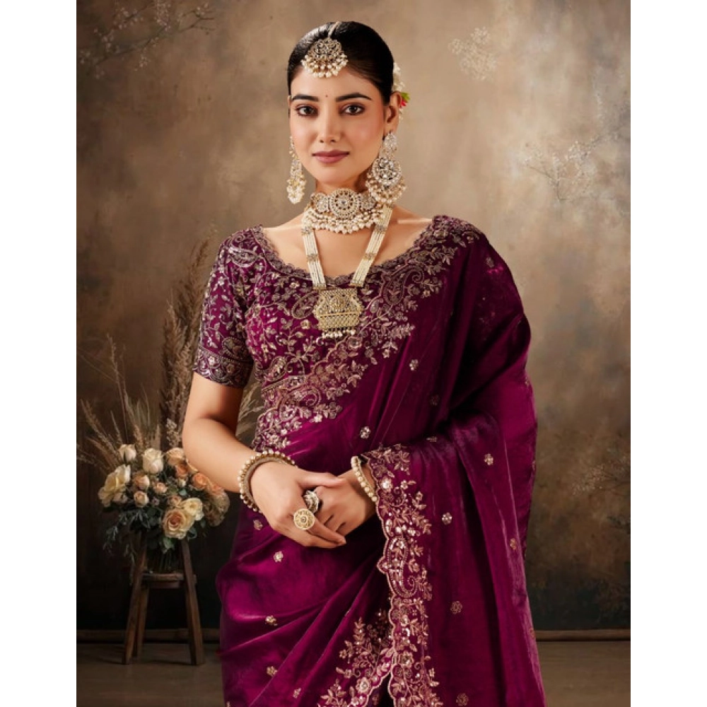 Women's Silk Embroidered Saree With Unstitched Blouse 5.5Mtr (Wine) - Image 4