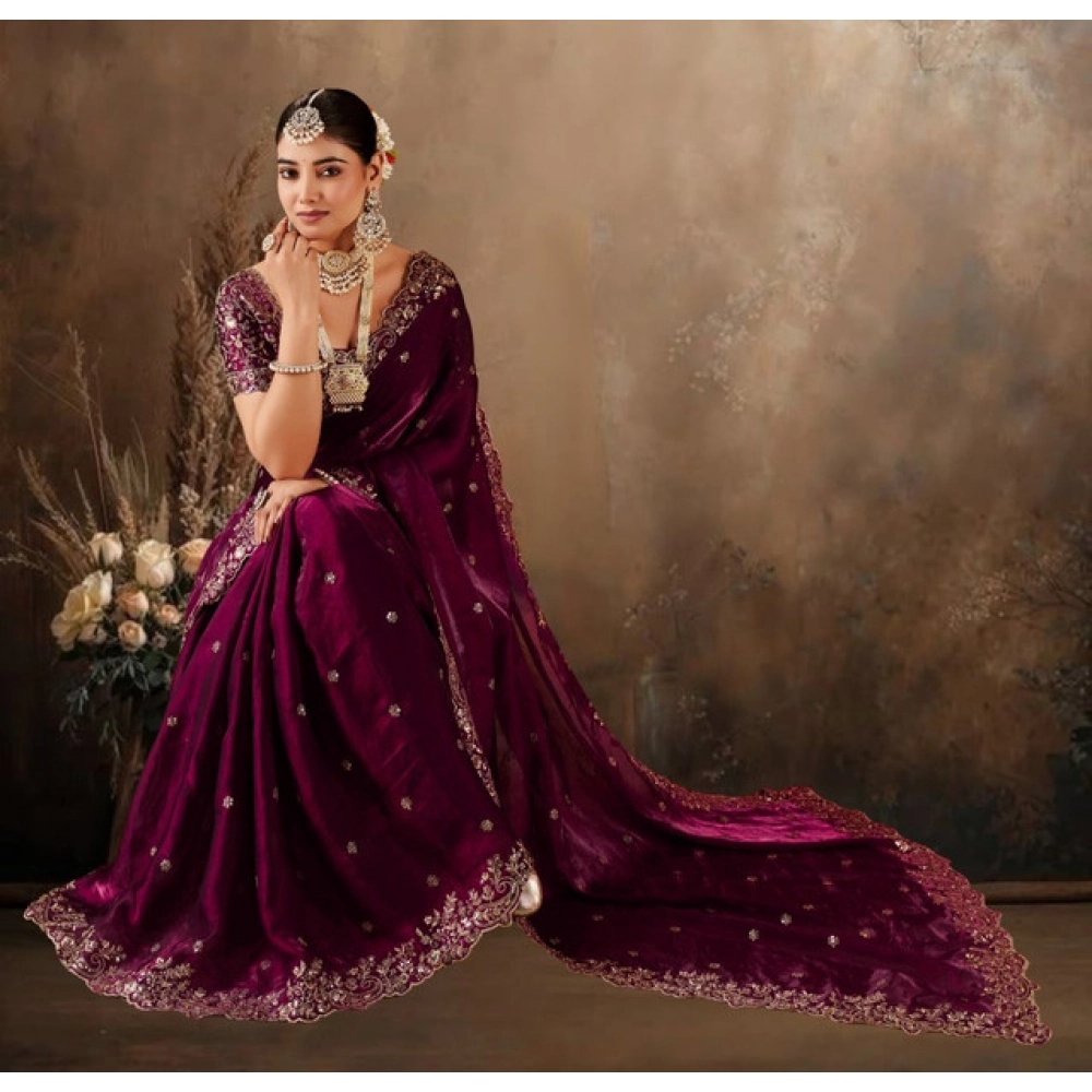 Women's Silk Embroidered Saree With Unstitched Blouse 5.5Mtr (Wine) - Image 5
