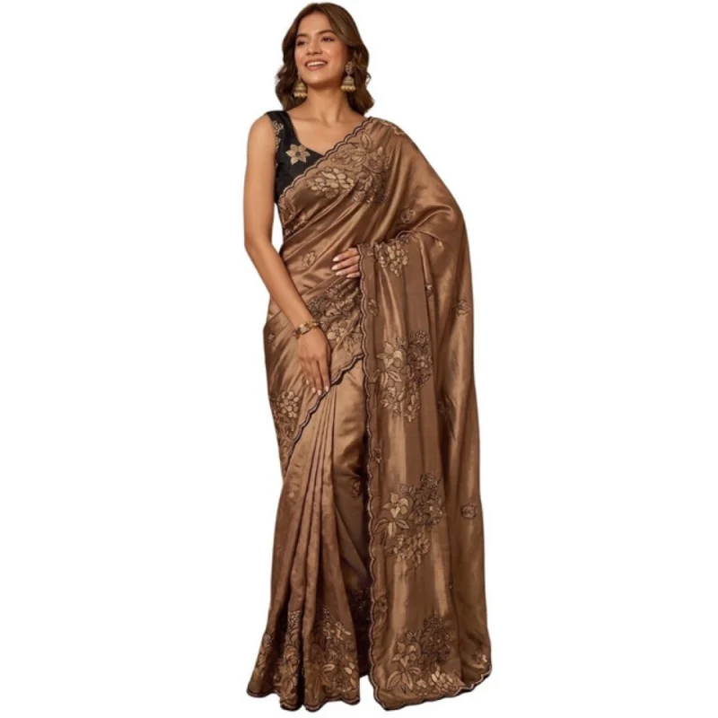 Alternative view of Women's Viscose Silk Embroidered Saree With Unstitched Blouse 5.5Mtr (Brown)