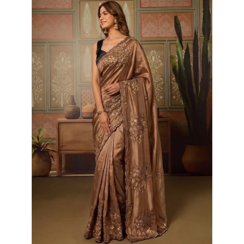 Women's Viscose Silk Embroidered Saree With Unstitched Blouse 5.5Mtr (Brown) - Image 3