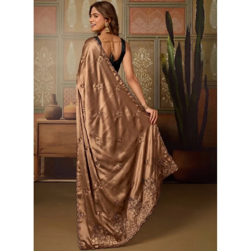 Women's Viscose Silk Embroidered Saree With Unstitched Blouse 5.5Mtr (Brown) - Image 4