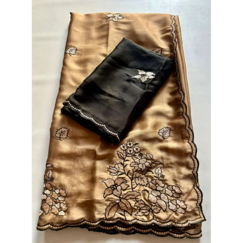 Women's Viscose Silk Embroidered Saree With Unstitched Blouse 5.5Mtr (Brown) - Image 5