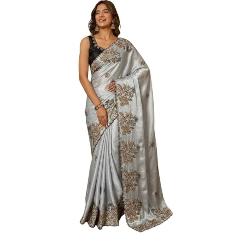 Alternative view of Women's Viscose Silk Embroidered Saree With Unstitched Blouse 5.5Mtr (Grey)