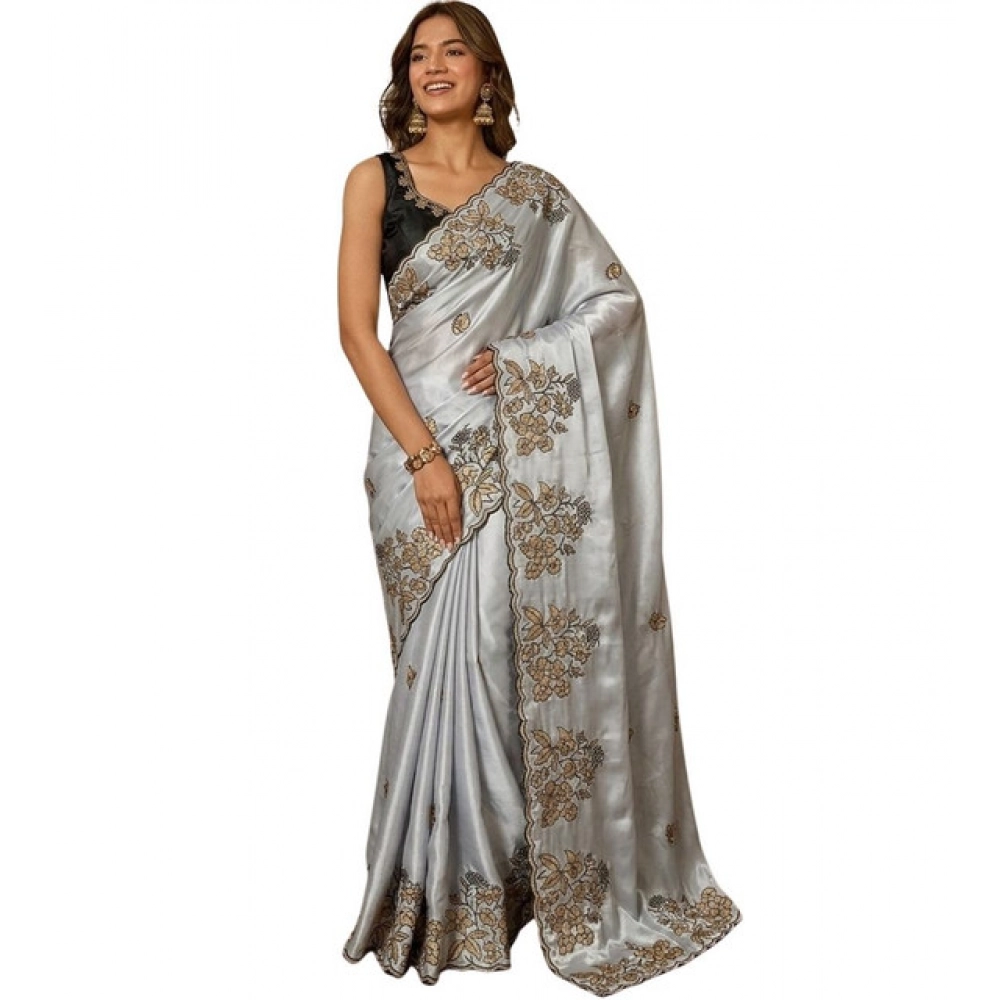 Women's Viscose Silk Embroidered Saree With Unstitched Blouse 5.5Mtr (Grey) - Image 2