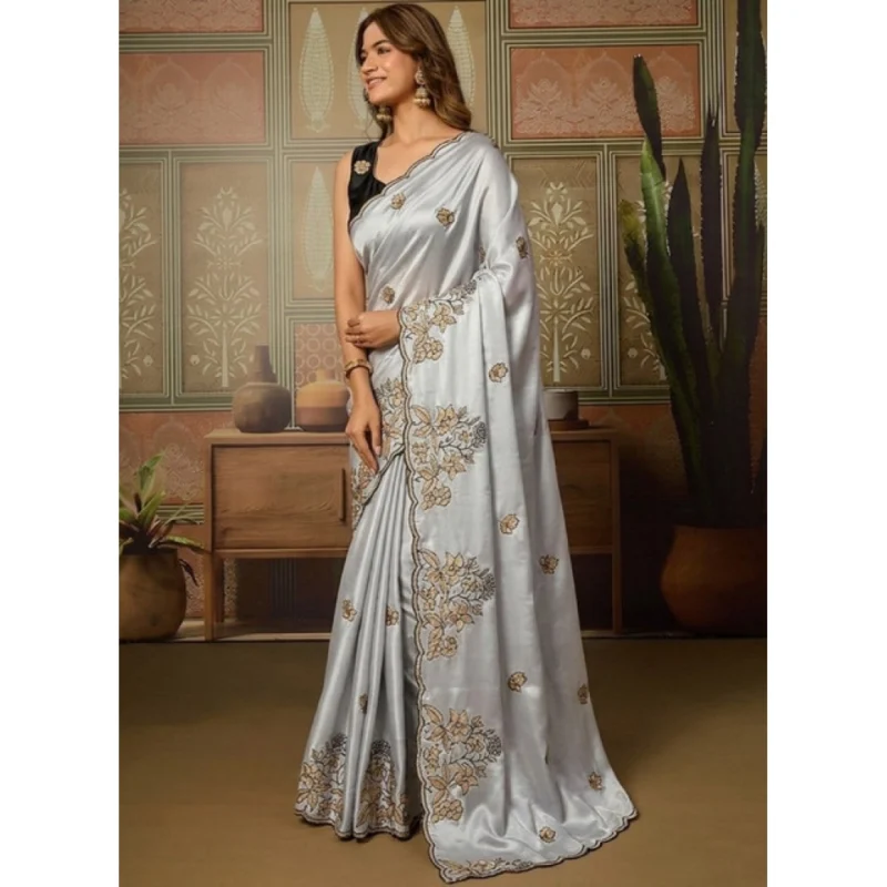 Women's Viscose Silk Embroidered Saree With Unstitched Blouse 5.5Mtr (Grey) - Image 3
