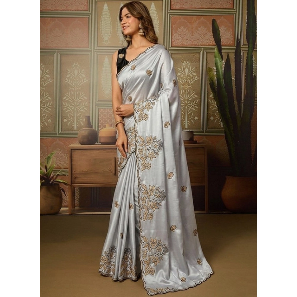 Women's Viscose Silk Embroidered Saree With Unstitched Blouse 5.5Mtr (Grey) - Image 3