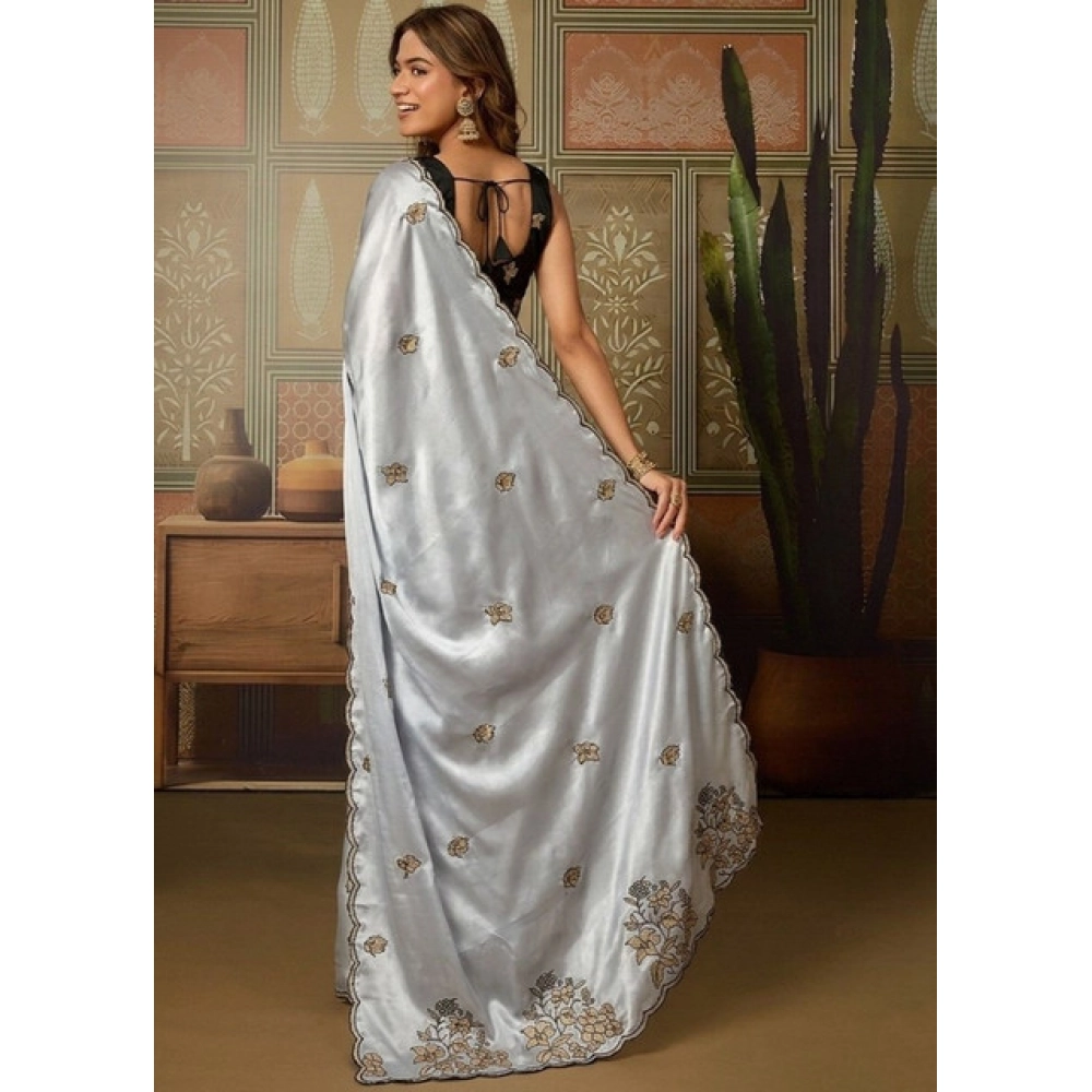 Women's Viscose Silk Embroidered Saree With Unstitched Blouse 5.5Mtr (Grey) - Image 4