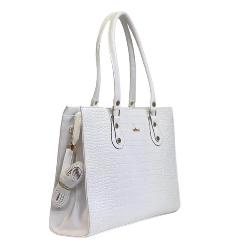 Women's Polyurethane Croco Shoulder Tote Bag (White)