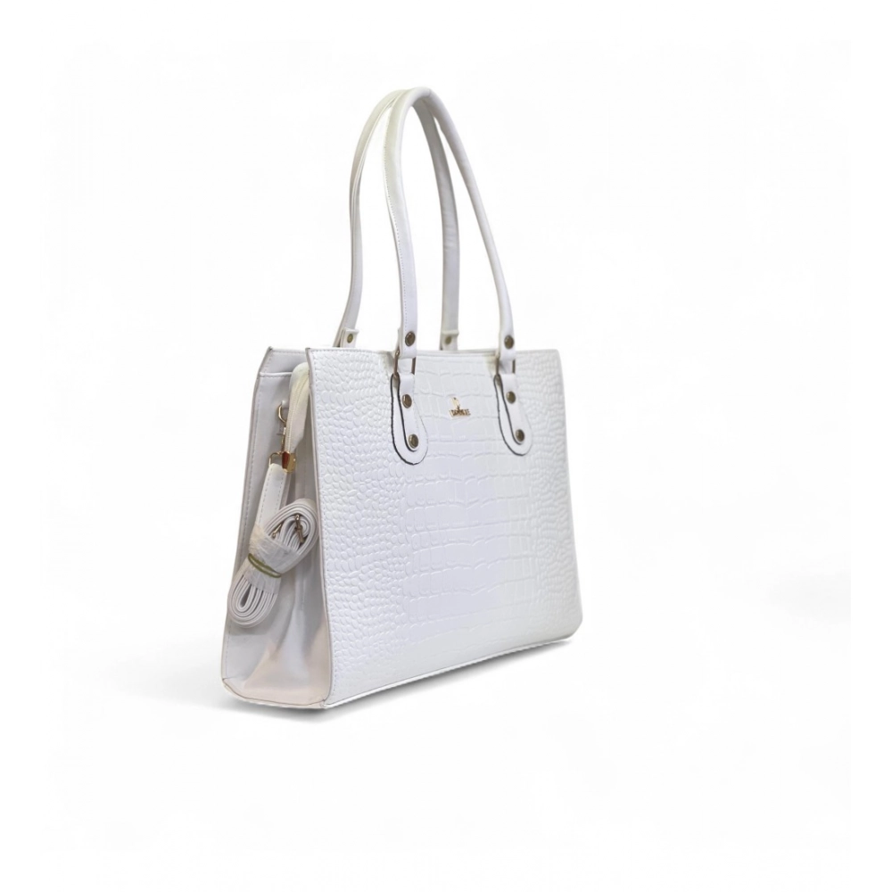 Women's Polyurethane Croco Shoulder Tote Bag (White) - Image 3