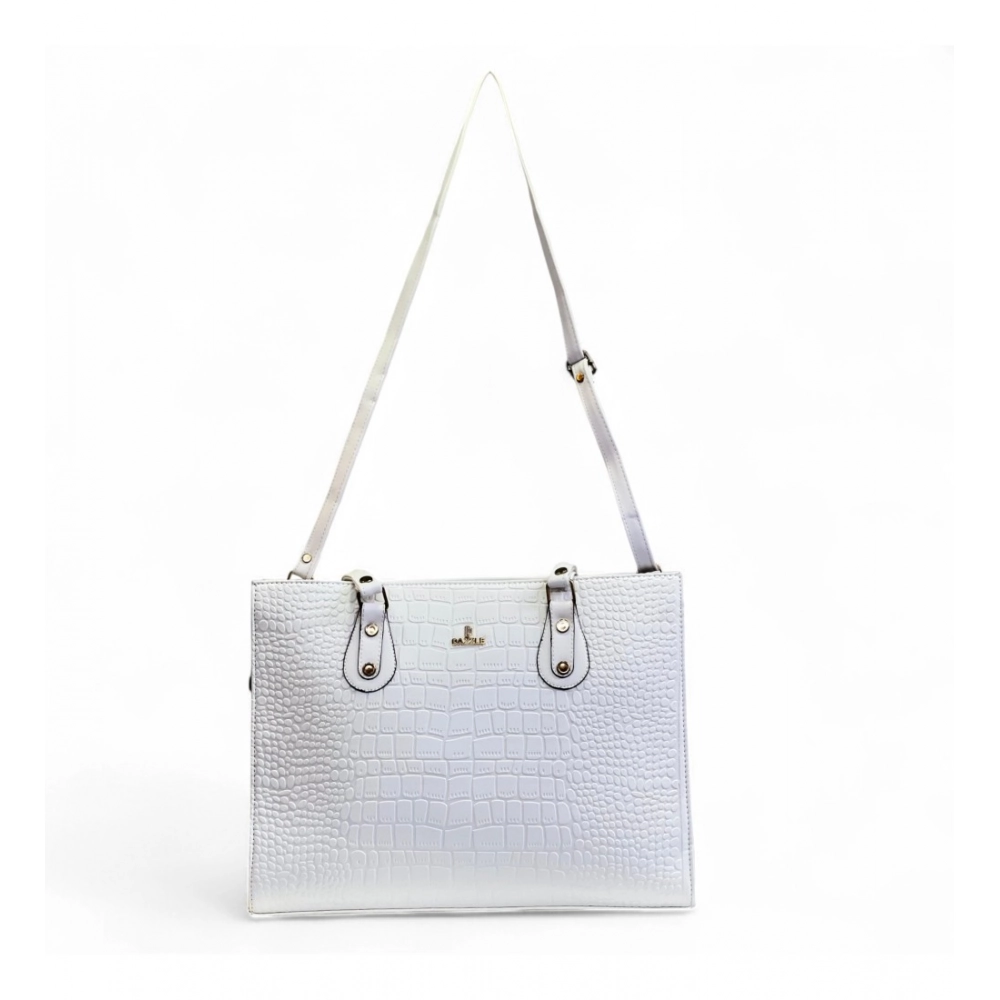 Women's Polyurethane Croco Shoulder Tote Bag (White) - Image 5