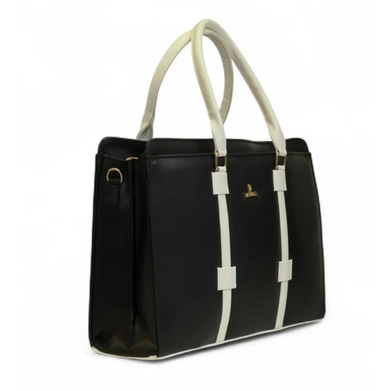 Women's Polyurethane Solid Structured Shoulder Tote Handbag (Black-Cream) - Image 2