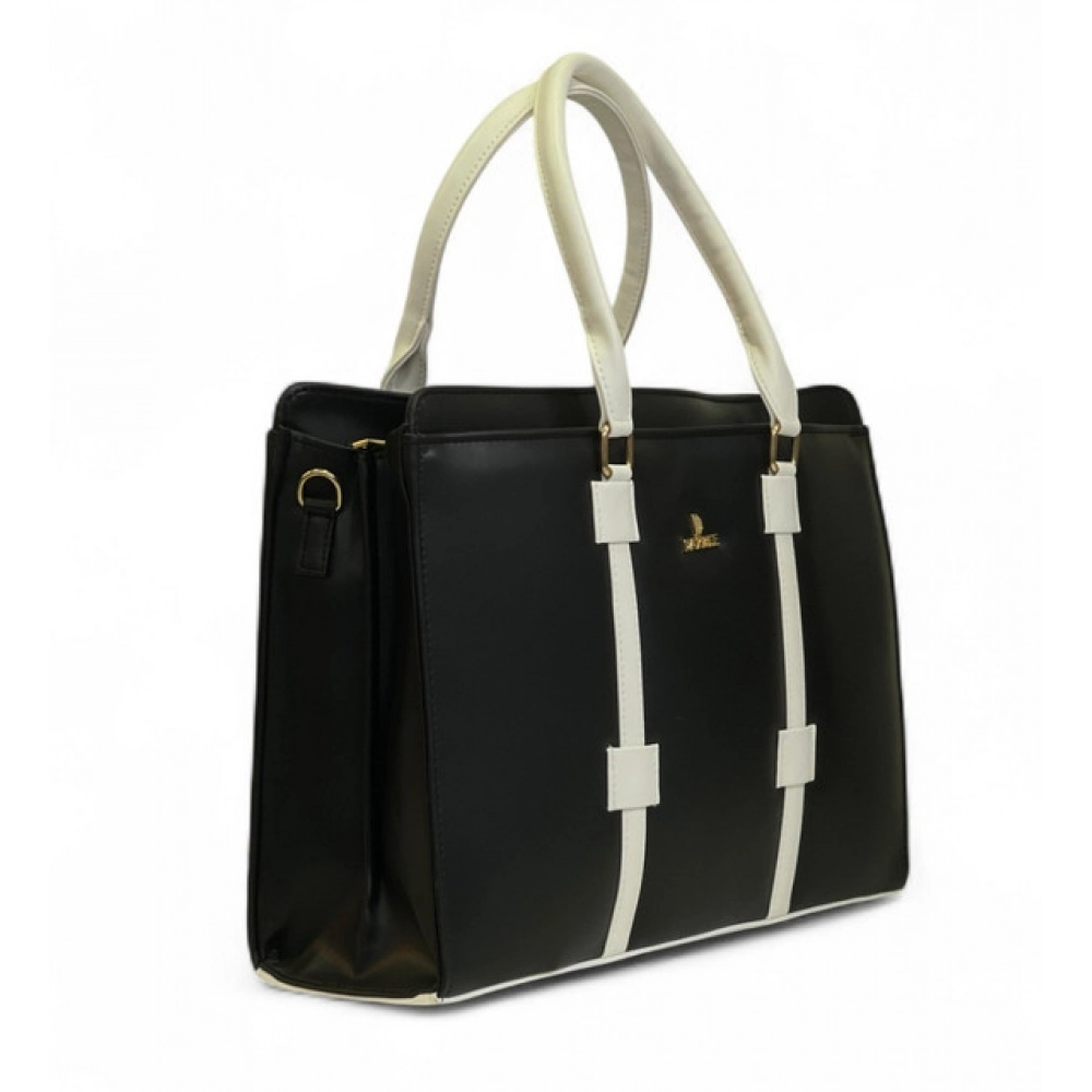 Women's Polyurethane Solid Structured Shoulder Tote Handbag (Black-Cream) - Image 2