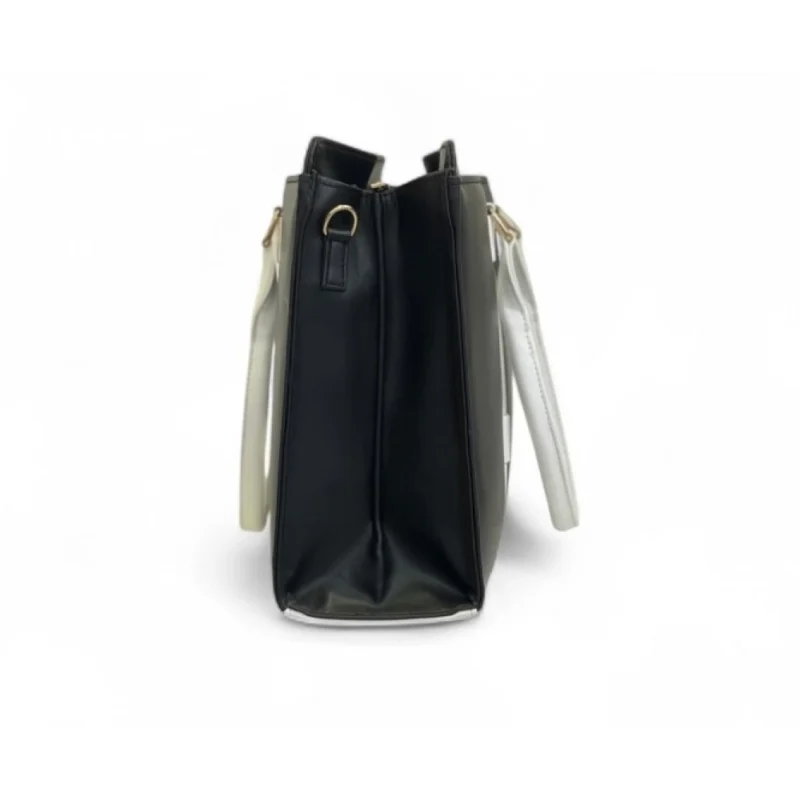 Women's Polyurethane Solid Structured Shoulder Tote Handbag (Black-Cream) - Image 3