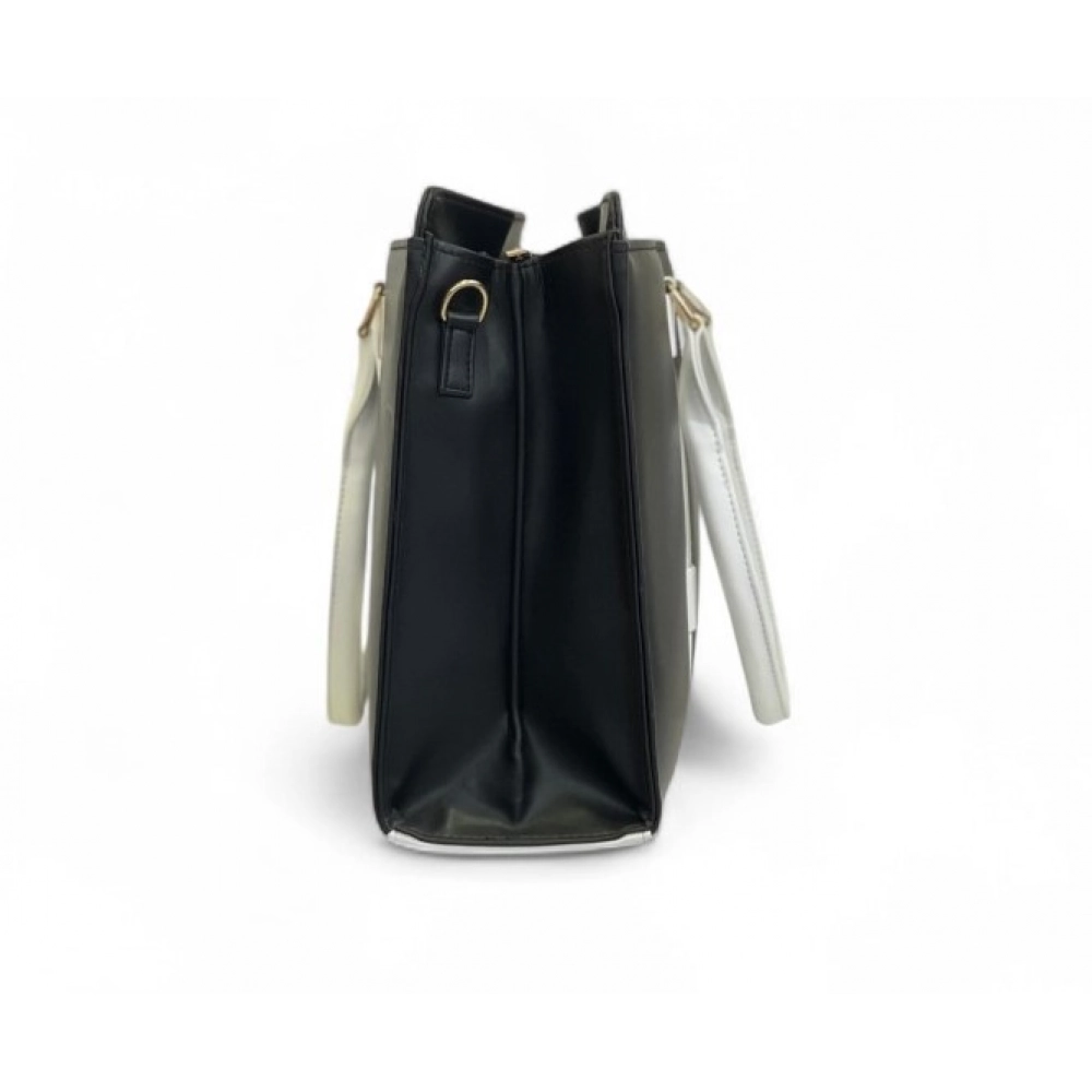 Women's Polyurethane Solid Structured Shoulder Tote Handbag (Black-Cream) - Image 3