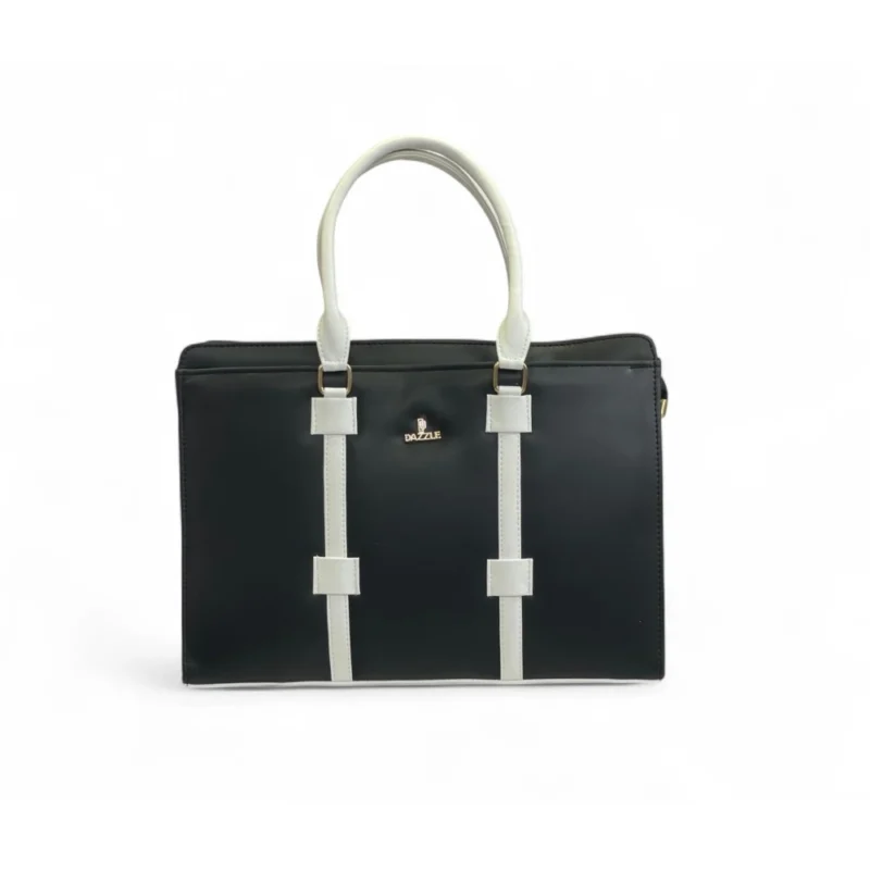 Women's Polyurethane Solid Structured Shoulder Tote Handbag (Black-Cream) - Image 4