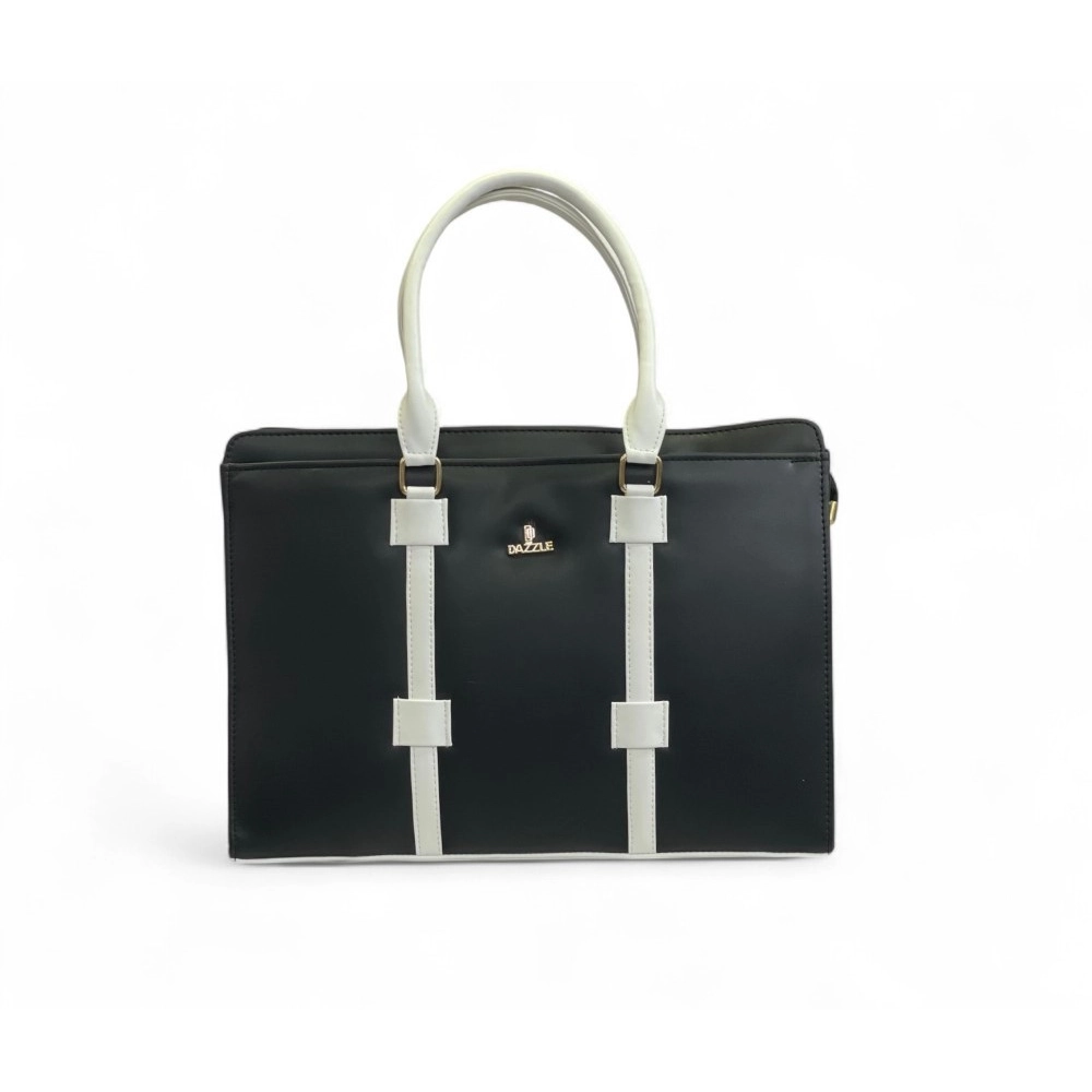 Women's Polyurethane Solid Structured Shoulder Tote Handbag (Black-Cream) - Image 4