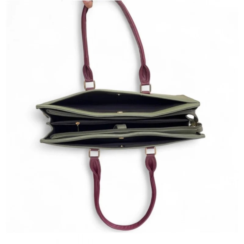 Women's Polyurethane Solid Structured Shoulder Tote Handbag (Sage Green-Burgundy) - Image 3