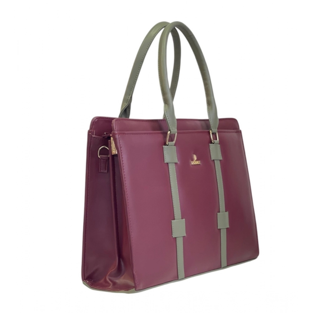 Women's Polyurethane Solid Structured Shoulder Tote Handbag (Burgundy-Gray) - Image 2