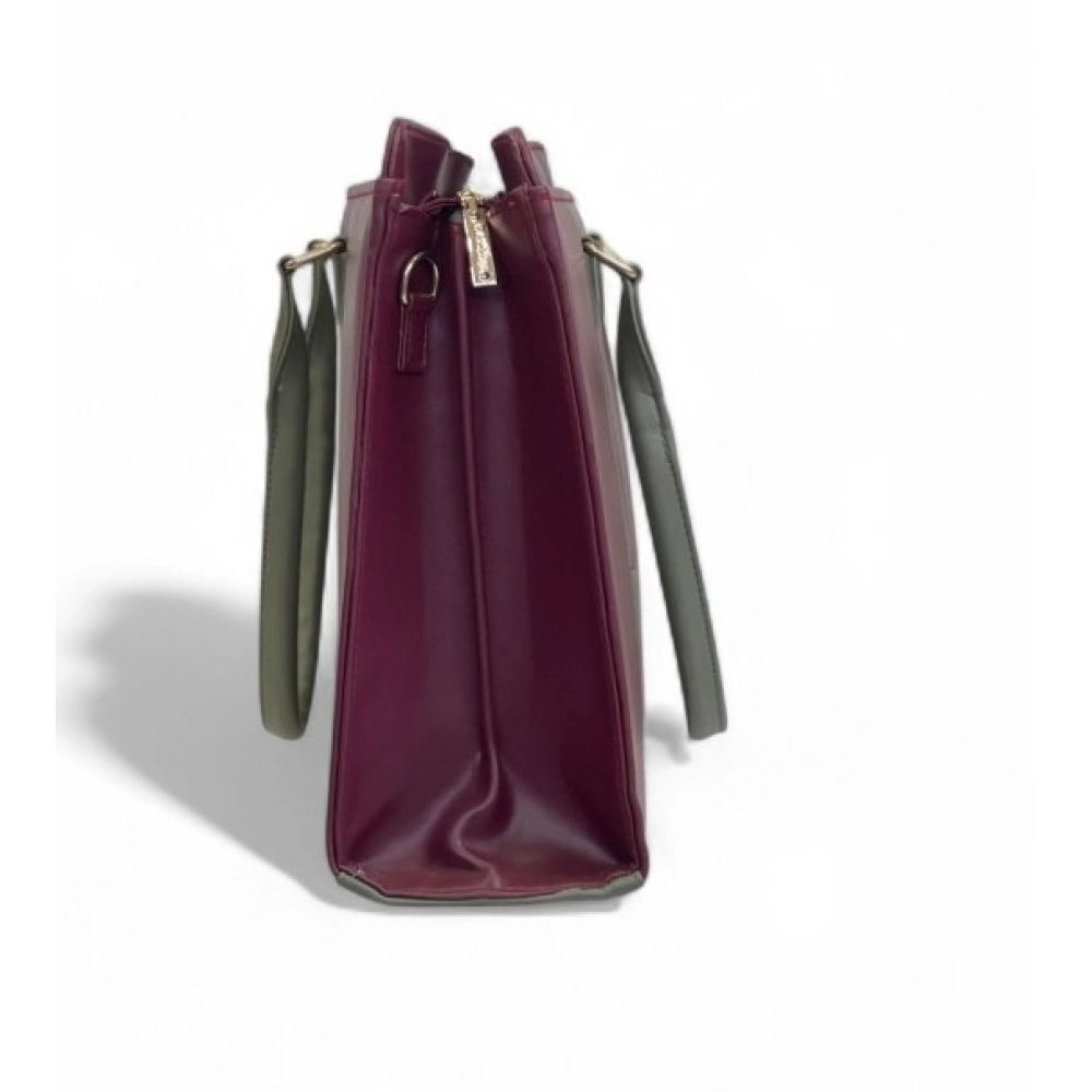 Women's Polyurethane Solid Structured Shoulder Tote Handbag (Burgundy-Gray) - Image 4