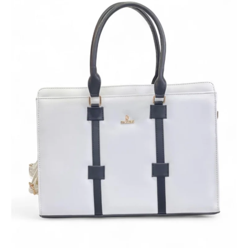 Women's Polyurethane Solid Structured Shoulder Tote Handbag (Cream-Navy Blue) - Image 2