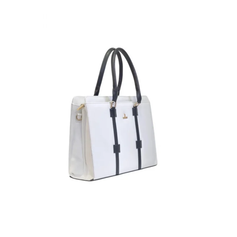 Women's Polyurethane Solid Structured Shoulder Tote Handbag (Cream-Navy Blue) - Image 4