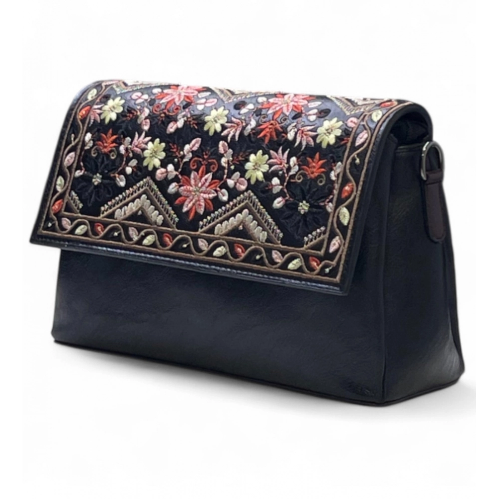 Women's Polyurethane Floral Embroidered Crossbody Sling Bag with Adjustable & Removable Strap (Black)