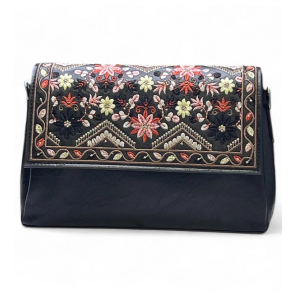 Women's Polyurethane Floral Embroidered Crossbody Sling Bag with Adjustable & Removable Strap (Black) - Image 2