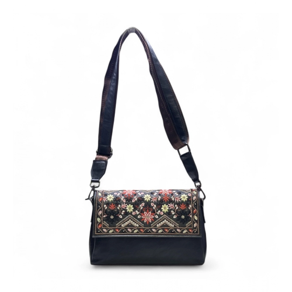 Women's Polyurethane Floral Embroidered Crossbody Sling Bag with Adjustable & Removable Strap (Black) - Image 4