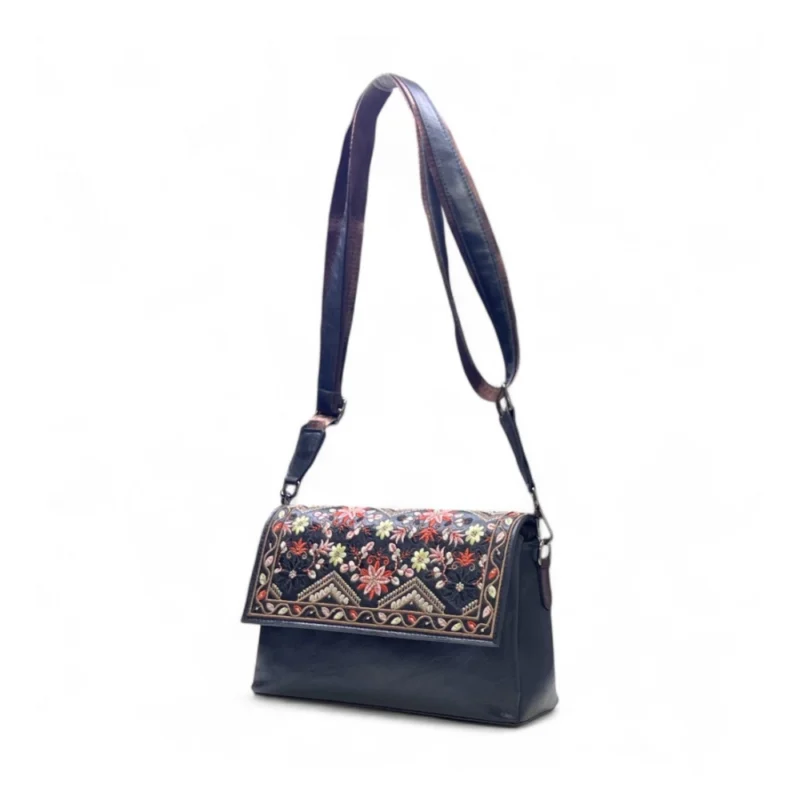Women's Polyurethane Floral Embroidered Crossbody Sling Bag with Adjustable & Removable Strap (Black) - Image 5