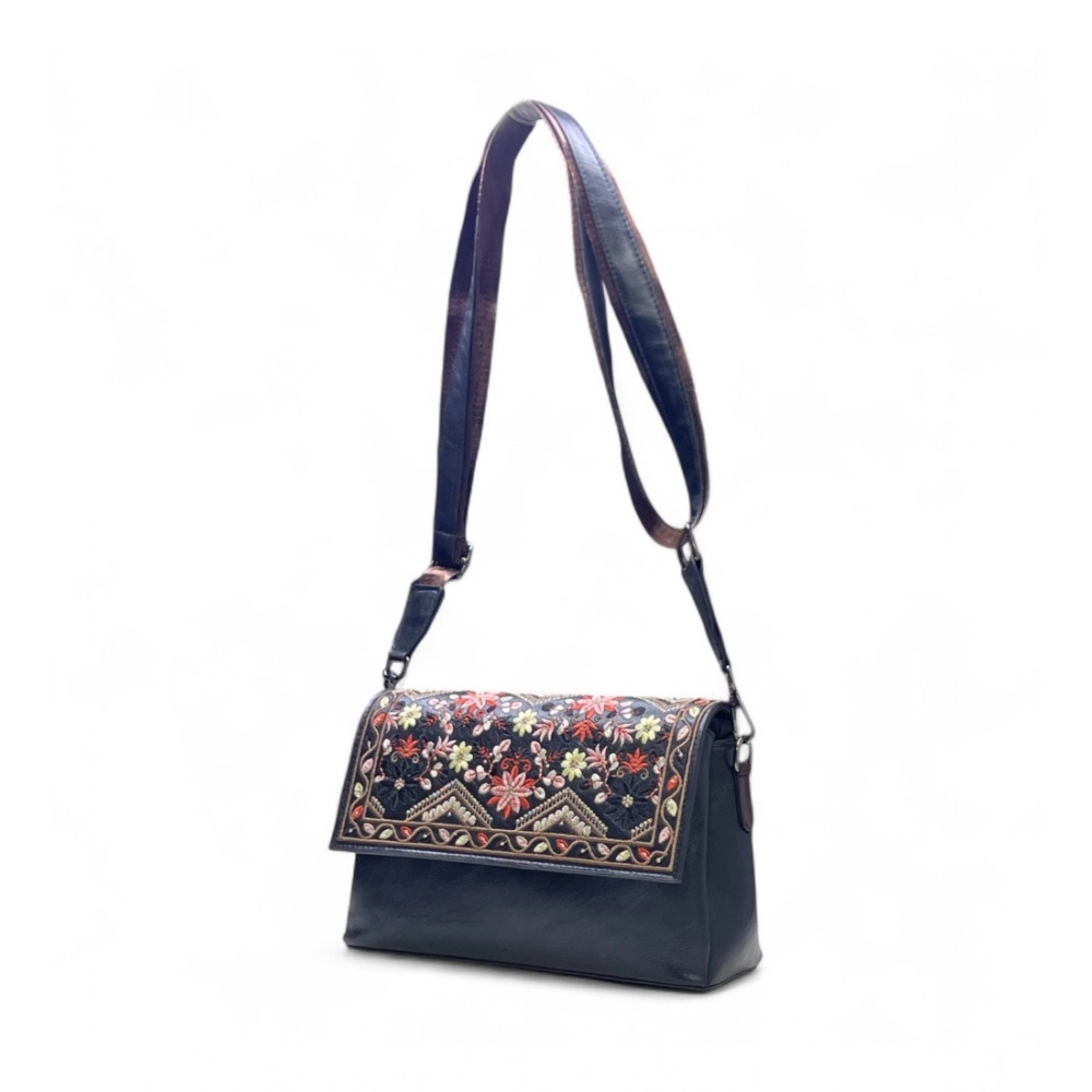 Women's Polyurethane Floral Embroidered Crossbody Sling Bag with Adjustable & Removable Strap (Black) - Image 5