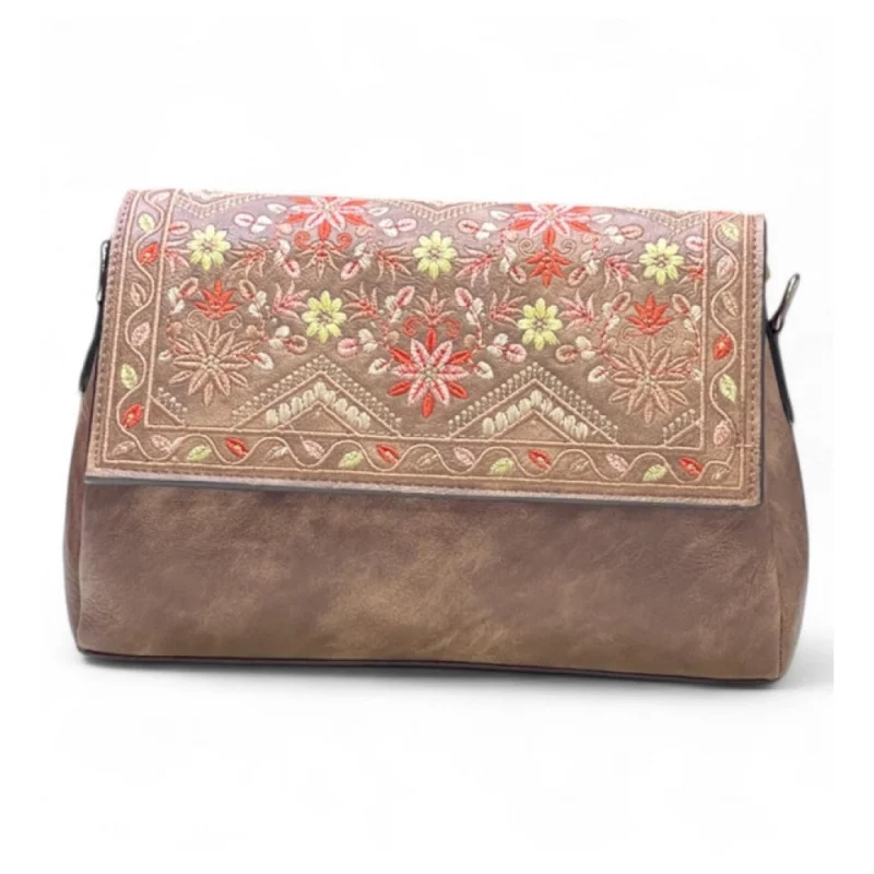 Women's Polyurethane Floral Embroidered Crossbody Sling Bag with Adjustable & Removable Strap (Brown) - Image 2