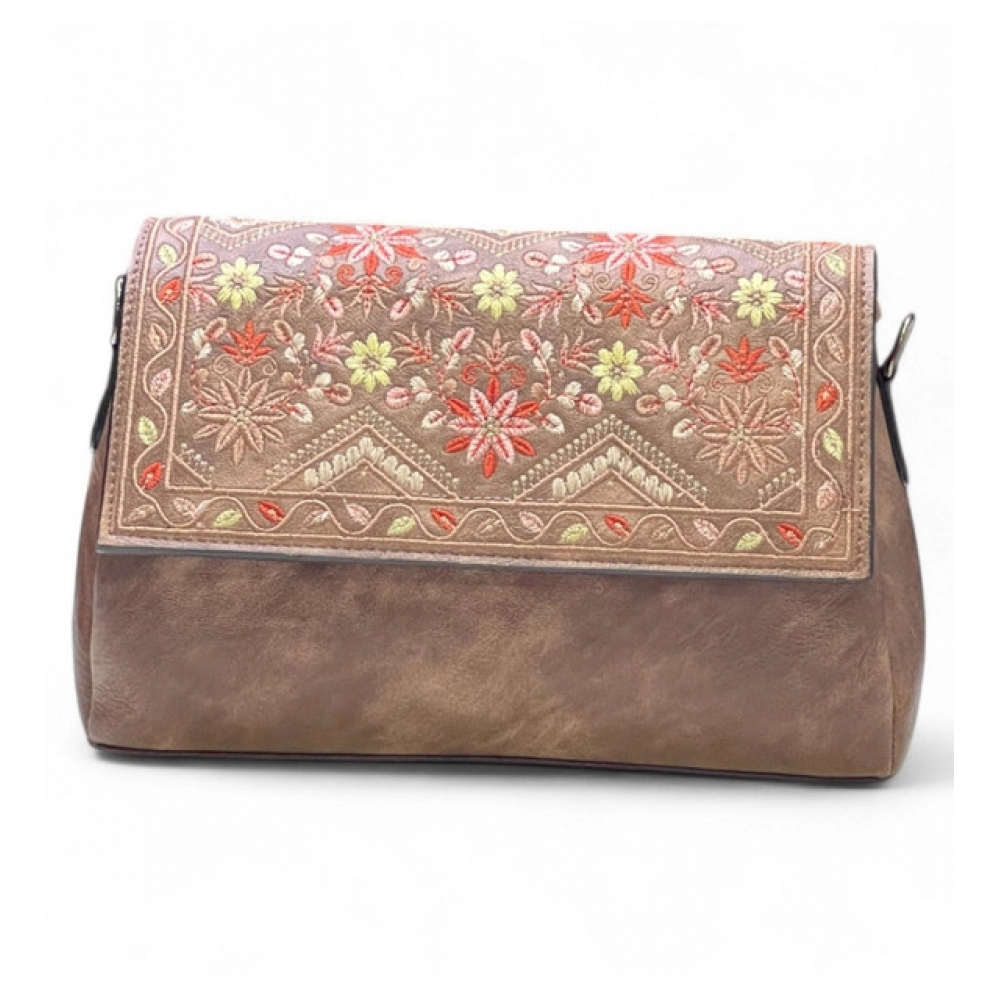 Women's Polyurethane Floral Embroidered Crossbody Sling Bag with Adjustable & Removable Strap (Brown) - Image 2