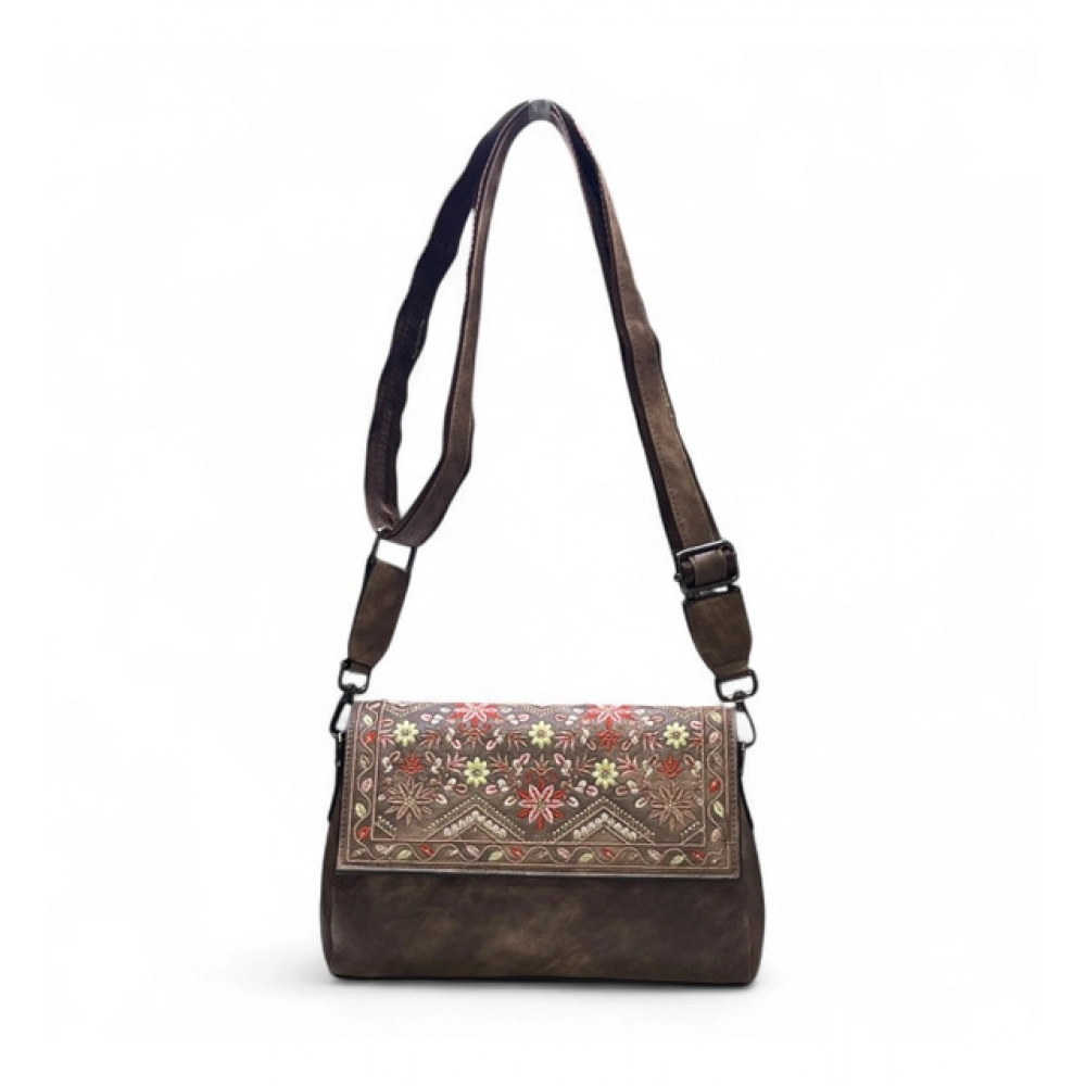 Women's Polyurethane Floral Embroidered Crossbody Sling Bag with Adjustable & Removable Strap (Brown) - Image 4