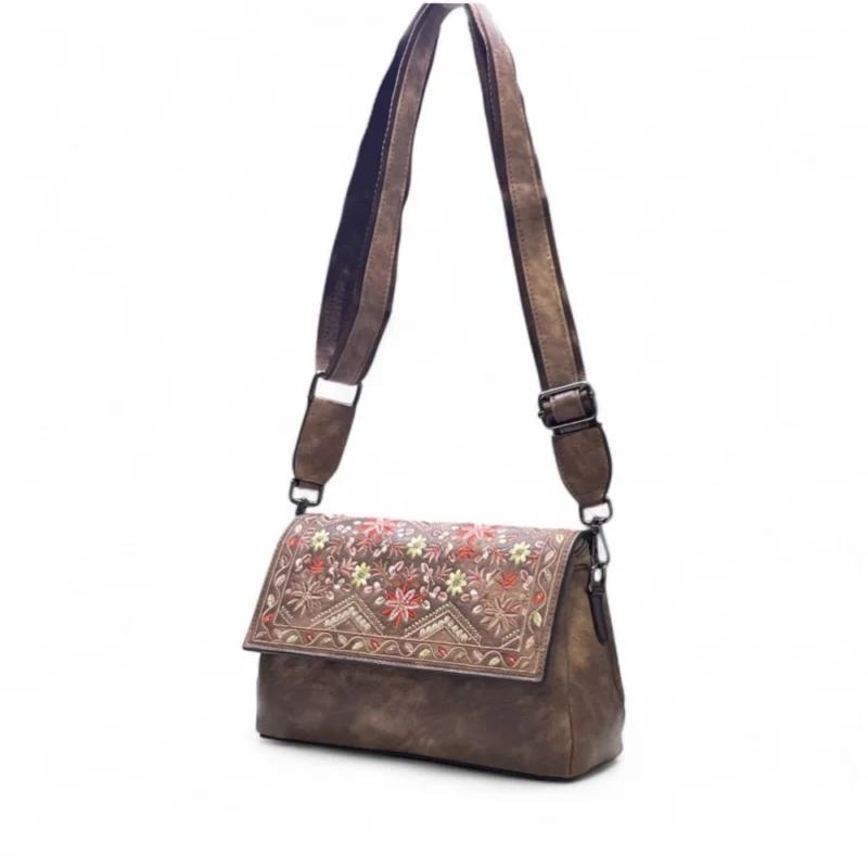 Women's Polyurethane Floral Embroidered Crossbody Sling Bag with Adjustable & Removable Strap (Brown) - Image 5