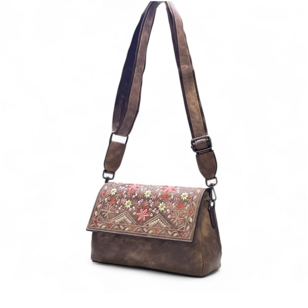 Women's Polyurethane Floral Embroidered Crossbody Sling Bag with Adjustable & Removable Strap (Brown) - Image 5