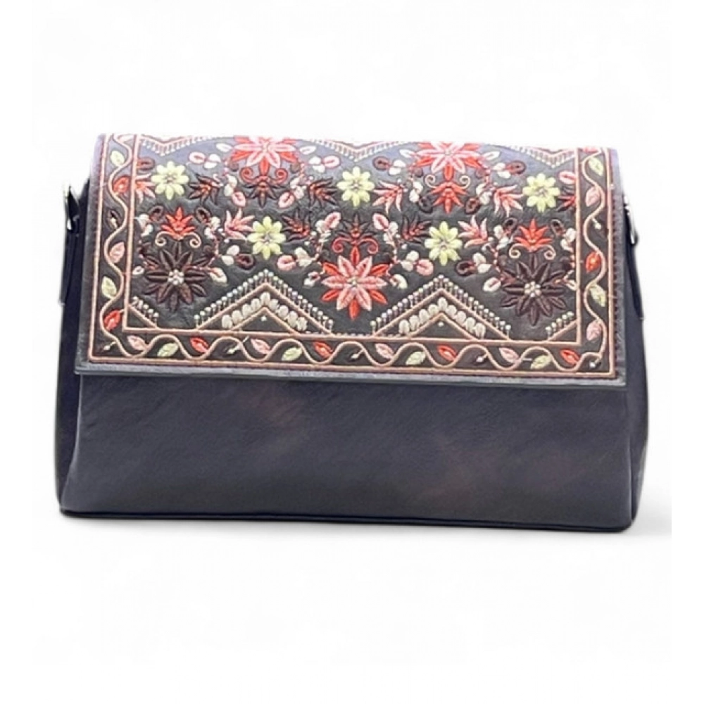 Women's Polyurethane Floral Embroidered Crossbody Sling Bag with Adjustable & Removable Strap (Coffee) - Image 2