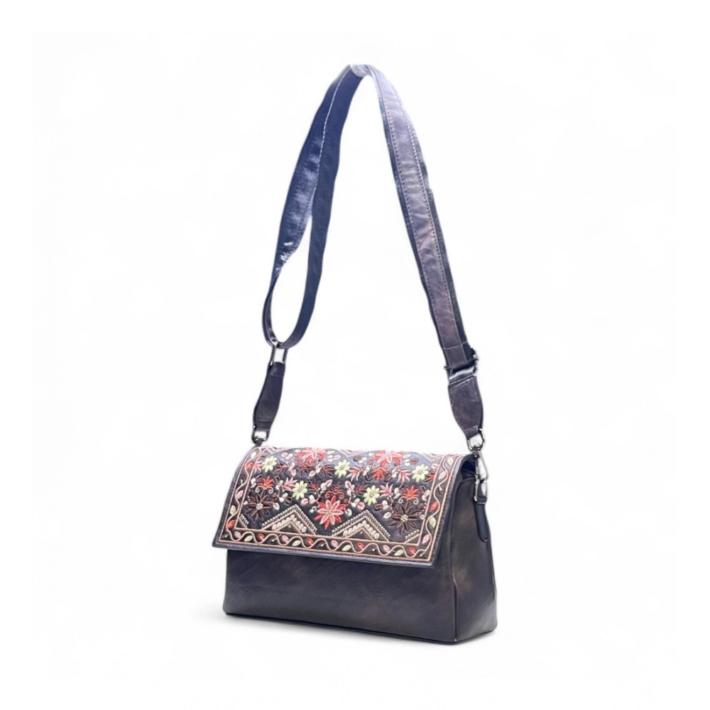 Women's Polyurethane Floral Embroidered Crossbody Sling Bag with Adjustable & Removable Strap (Coffee) - Image 5