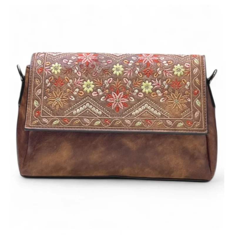Women's Polyurethane Floral Embroidered Crossbody Sling Bag with Adjustable & Removable Strap (Dark Brown) - Image 2