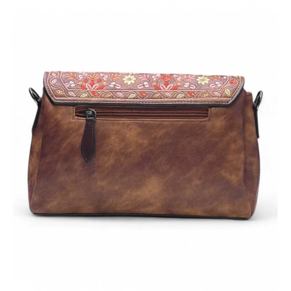 Women's Polyurethane Floral Embroidered Crossbody Sling Bag with Adjustable & Removable Strap (Dark Brown) - Image 3